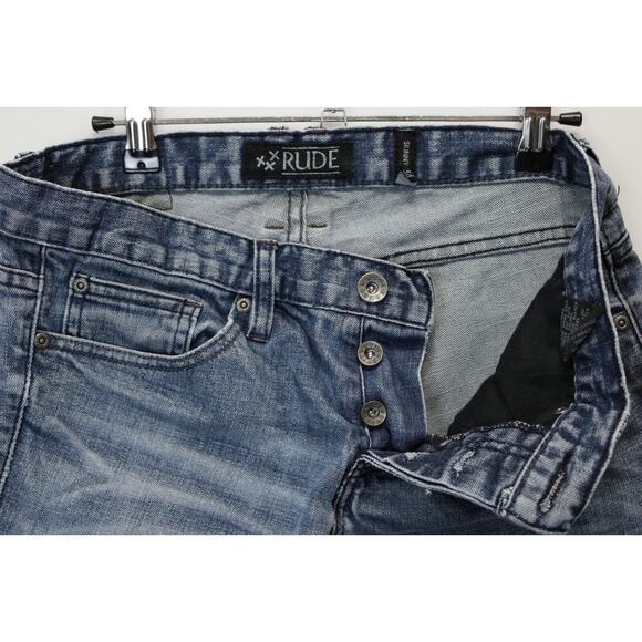 XXX Rude Button Fly Skinny Jeans Men 30 / 34 Distressed Ripped Blue Denim - Picture 12 of 14